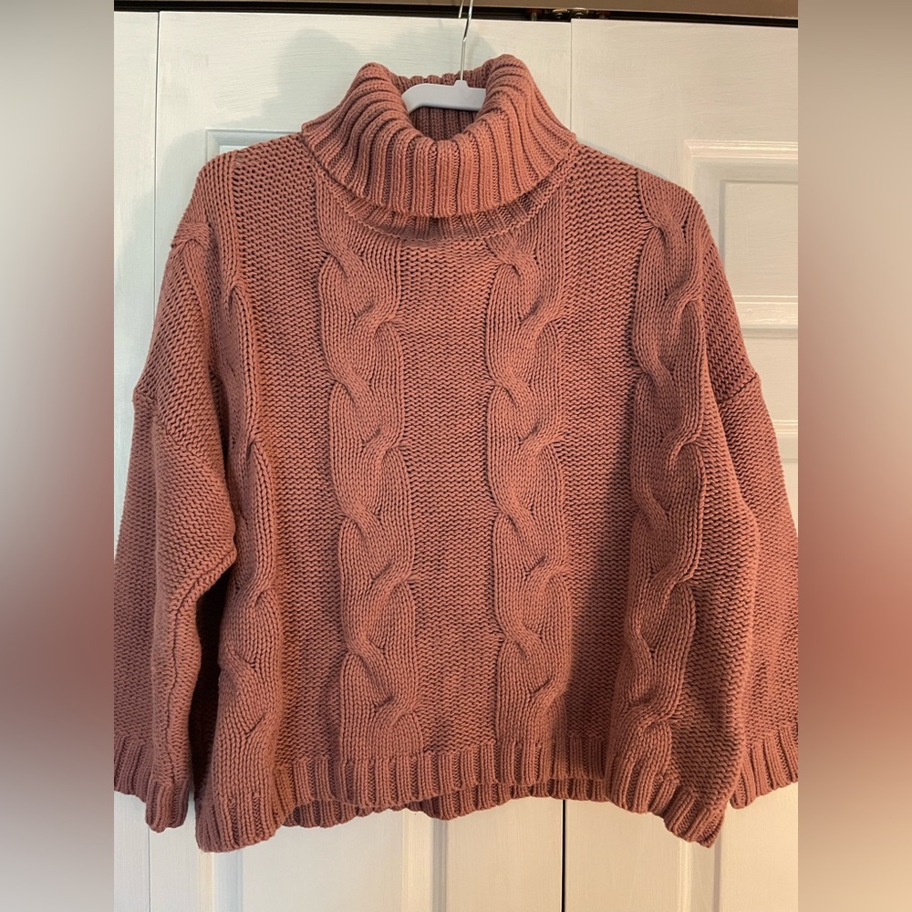 Premise Pink Turtleneck Sweater with Cable Knit Design